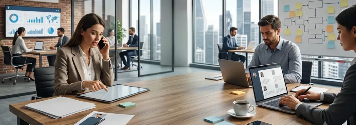 Consultant en recrutement et dirigeant d'entreprise analysant ensemble des profils de candidats sur ordinateur portable dans un bureau moderne minimaliste avec documents de présélection étalés sur la table