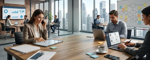 Consultant en recrutement et dirigeant d'entreprise analysant ensemble des profils de candidats sur ordinateur portable dans un bureau moderne minimaliste avec documents de présélection étalés sur la table