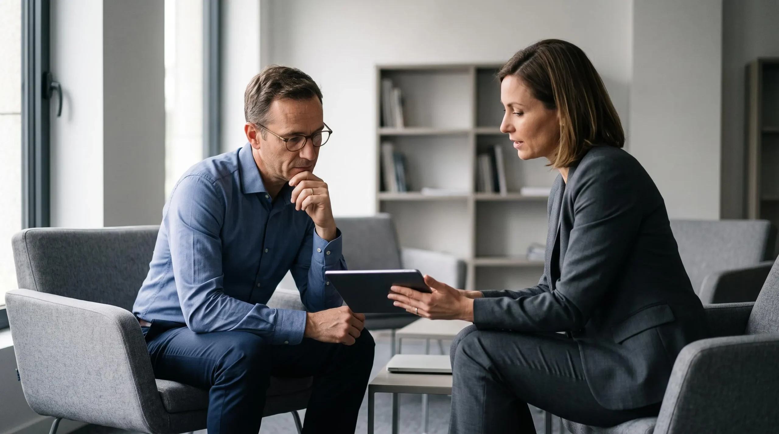 Dirigeant d'entreprise et consultante senior de cabinet de recrutement en entretien stratégique dans un bureau contemporain, évaluant la méthodologie de présélection présentée sur tablette